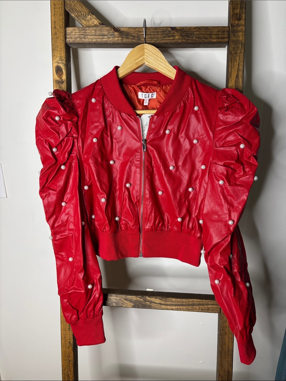 TCEC Red Pearl-Studded Puff-Sleeve Bomber Jacket Size L